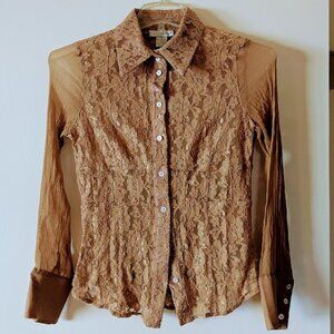 Spiegel Vintage 90s Floral Lace Sheer Pleated Blouse Tan Brown S